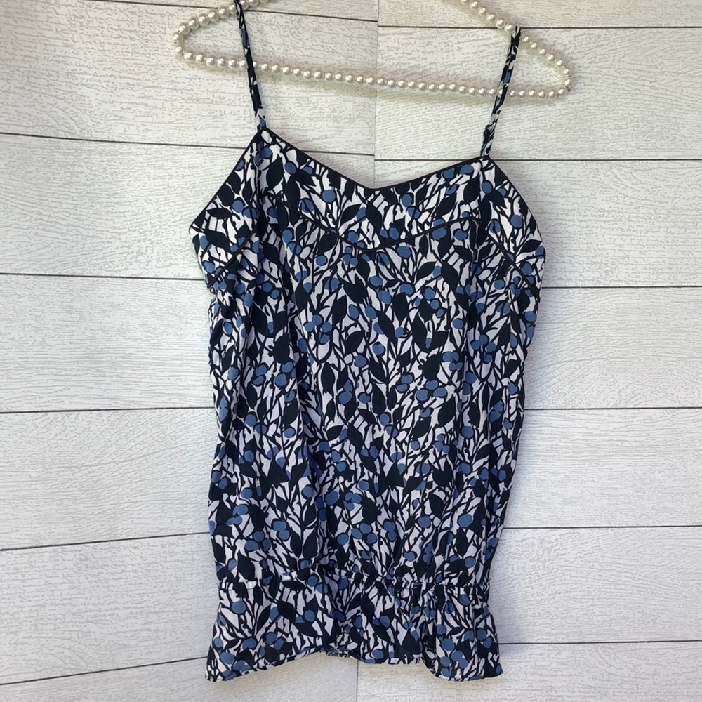 TIBI Top with ruffled hem, Thin straps, Blue and white, EUC Sz Small